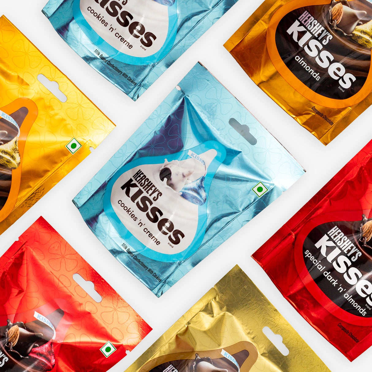Collection of Hershey's Kisses chocolate packages in various flavors.