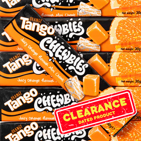 Multiple boxes of Tango Chewbies orange candy with a clearance label.