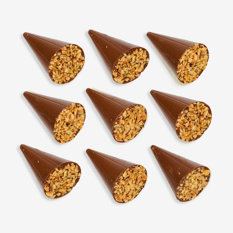 Chocolate cones filled with a textured filling on a white background
