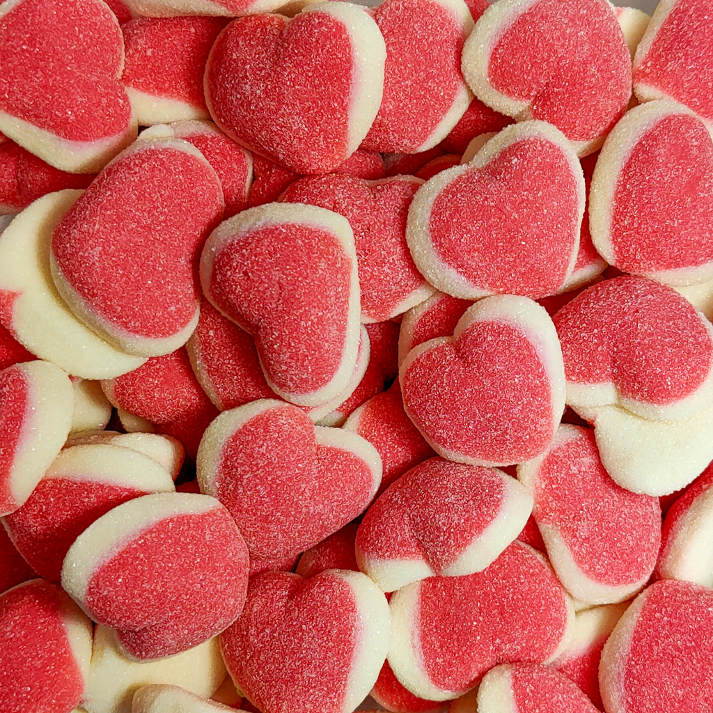 Double hearts, heart lollies, heart gummis, pink and white hearts, love candy, love lollies