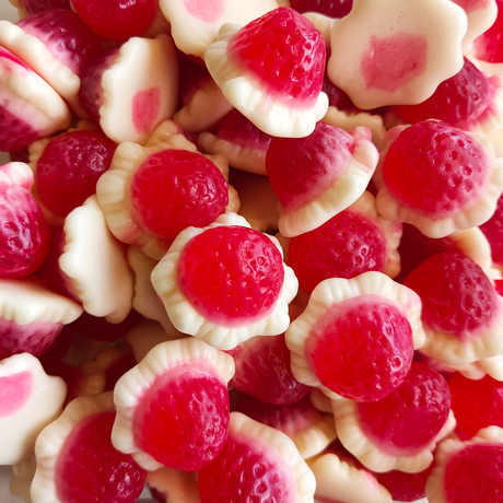 giant strawberries and cream, strawberries and cream, berries and cream, filled gummies