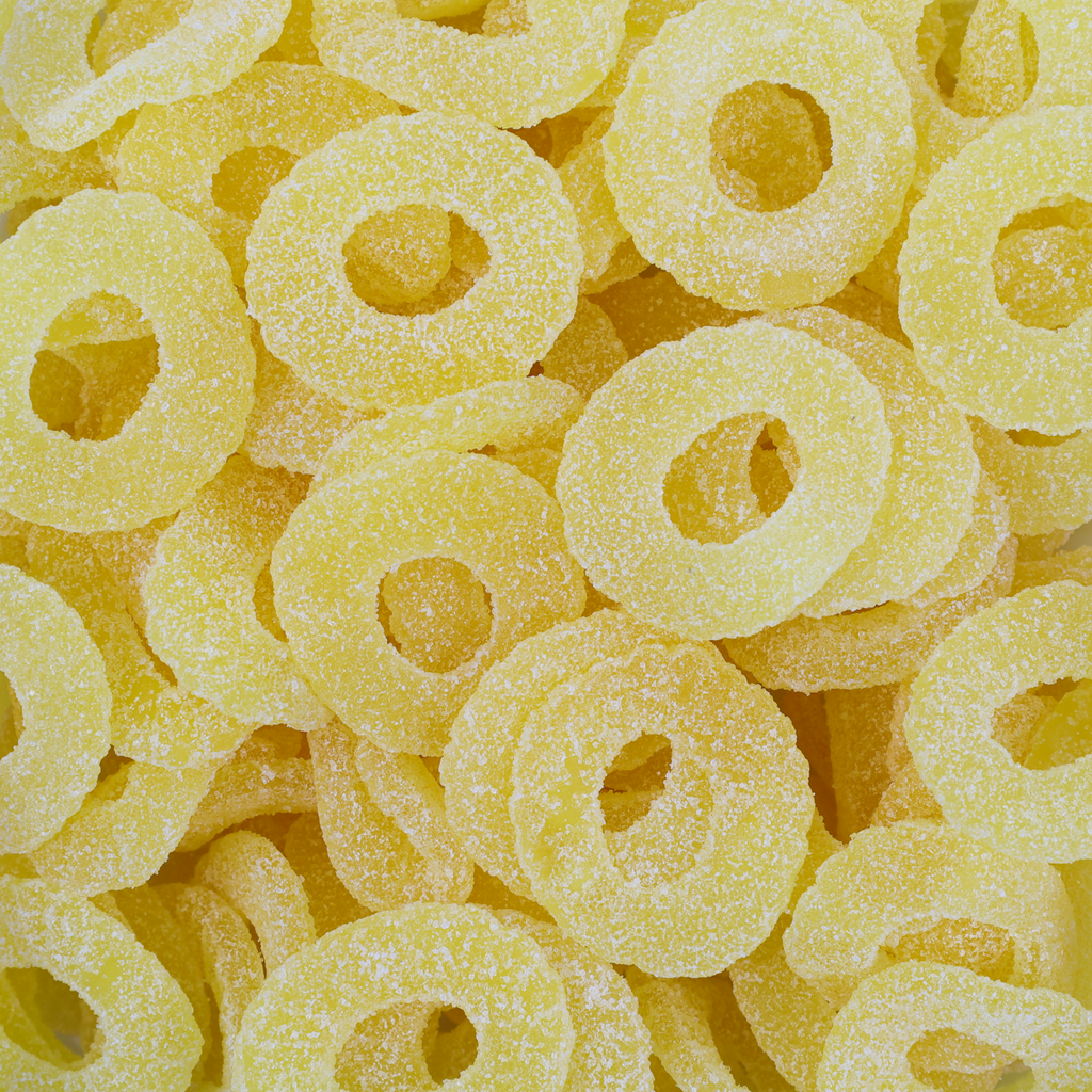 Pineapple rings, ring lollies, pineapple lollies, yellow lollies, sour lollies