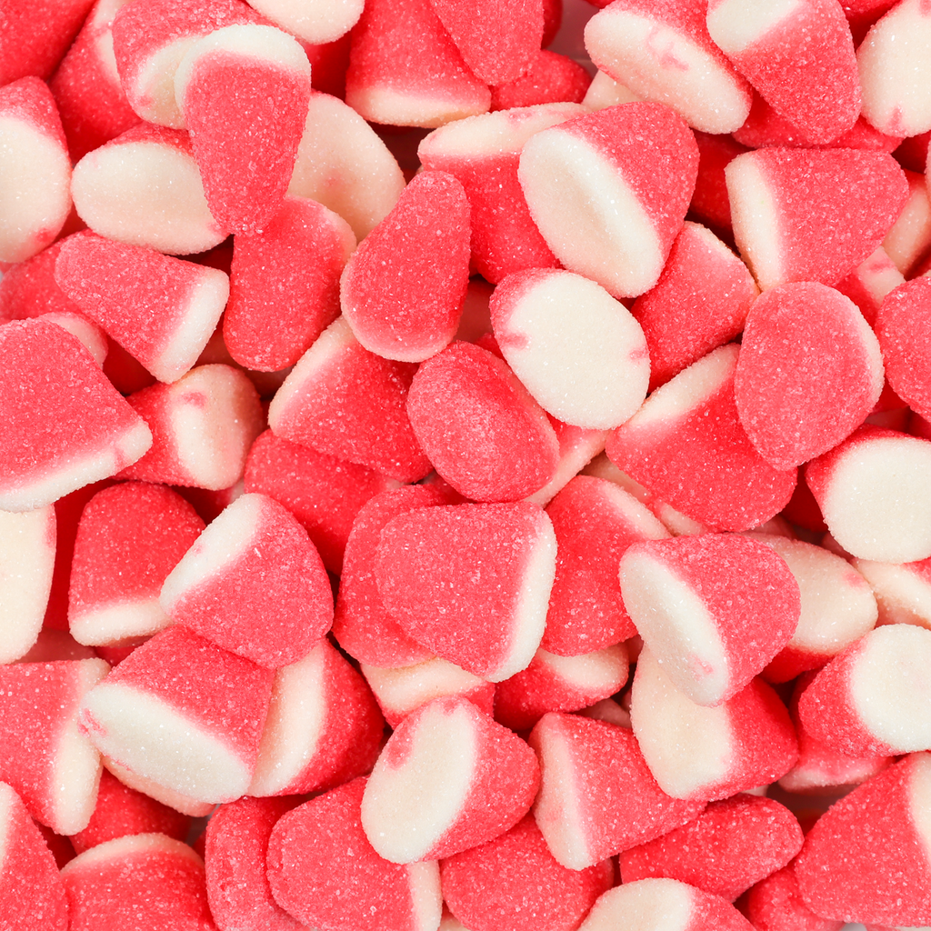 strawberry and cream drops, strawberry lollies, pink and white lollies, drops