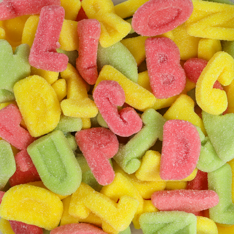 sugared letters, letter gummies, letter lollies, gummi letters