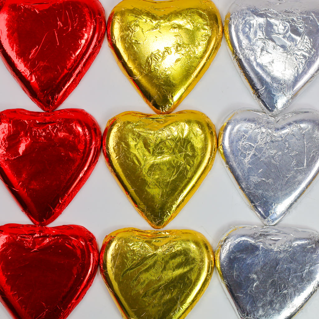 medium hearts, red, gold, silver, foiled hearts
